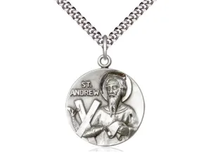Sterling Silver St Andrew Pendant on a 24 inch Light Rhodium Heavy Curb Chain.