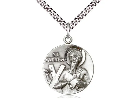 Sterling Silver St Andrew Pendant on a 24 inch Light Rhodium Heavy Curb Chain.