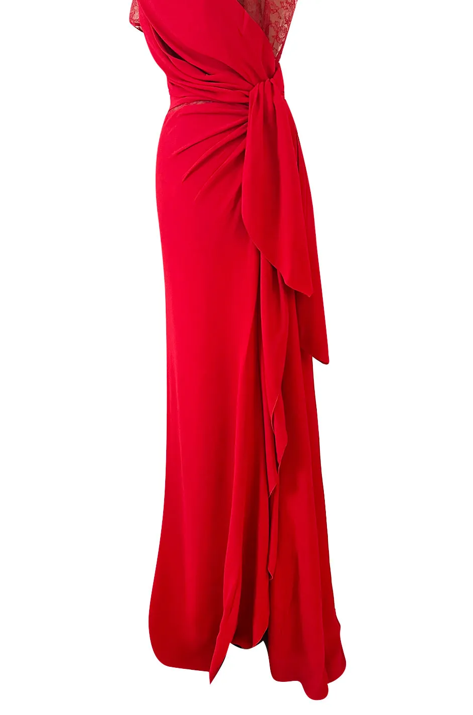 Stunning 2010s Valentino Supermodel Long Red Silk Crepe Dress w Illusion Lace Bodice
