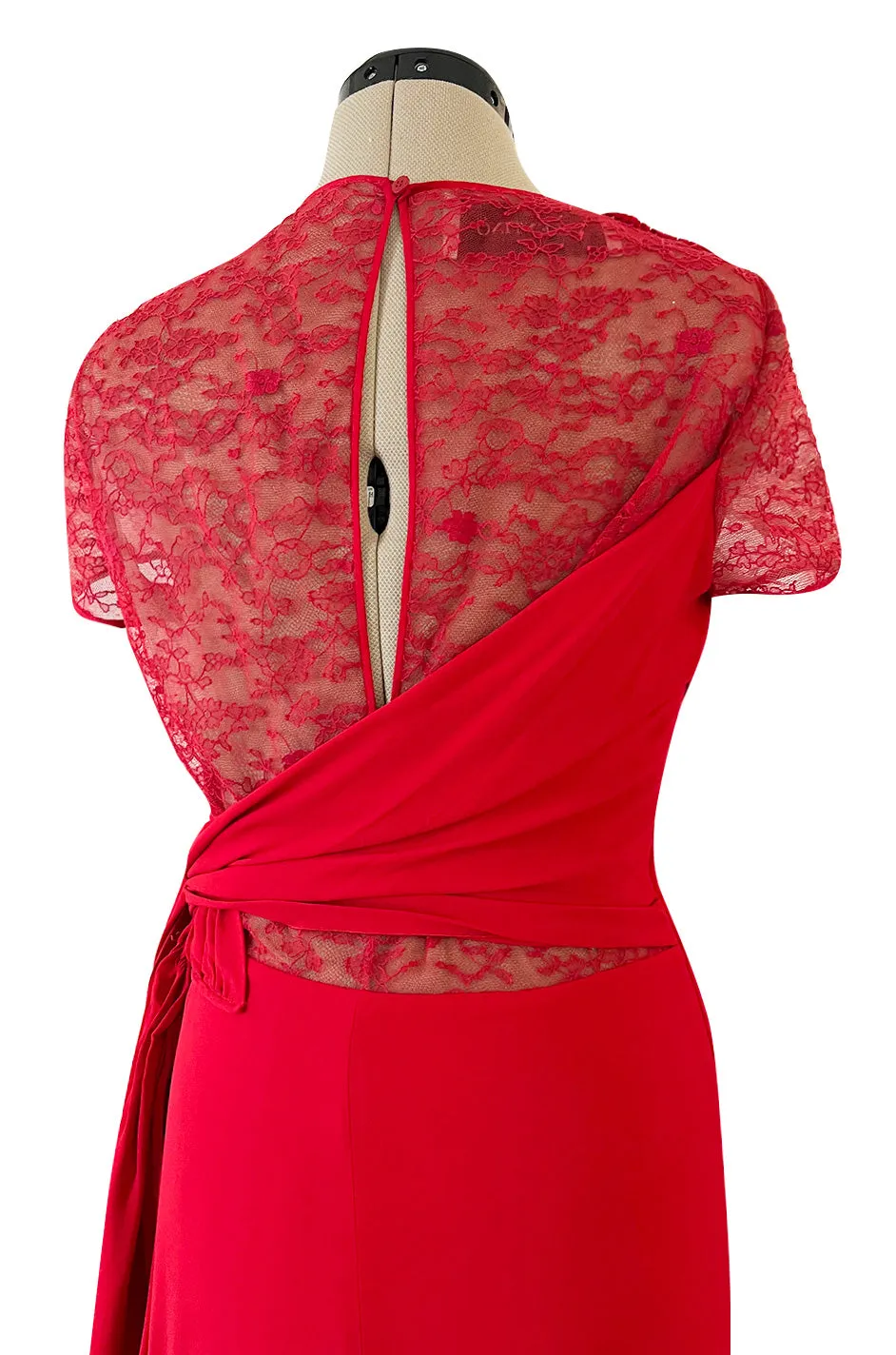 Stunning 2010s Valentino Supermodel Long Red Silk Crepe Dress w Illusion Lace Bodice