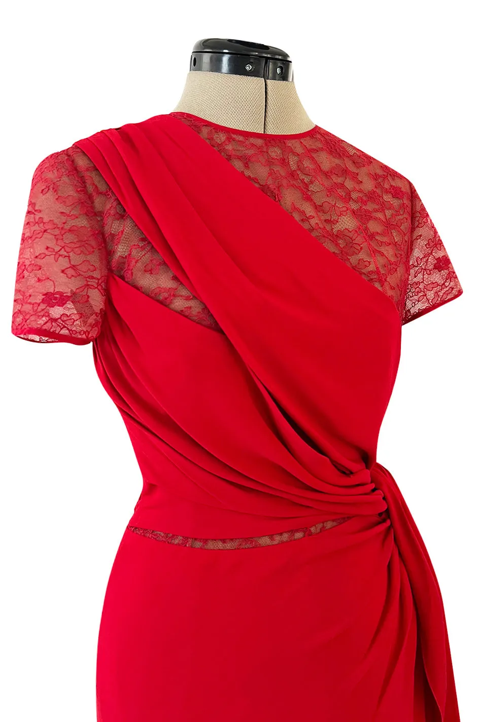 Stunning 2010s Valentino Supermodel Long Red Silk Crepe Dress w Illusion Lace Bodice
