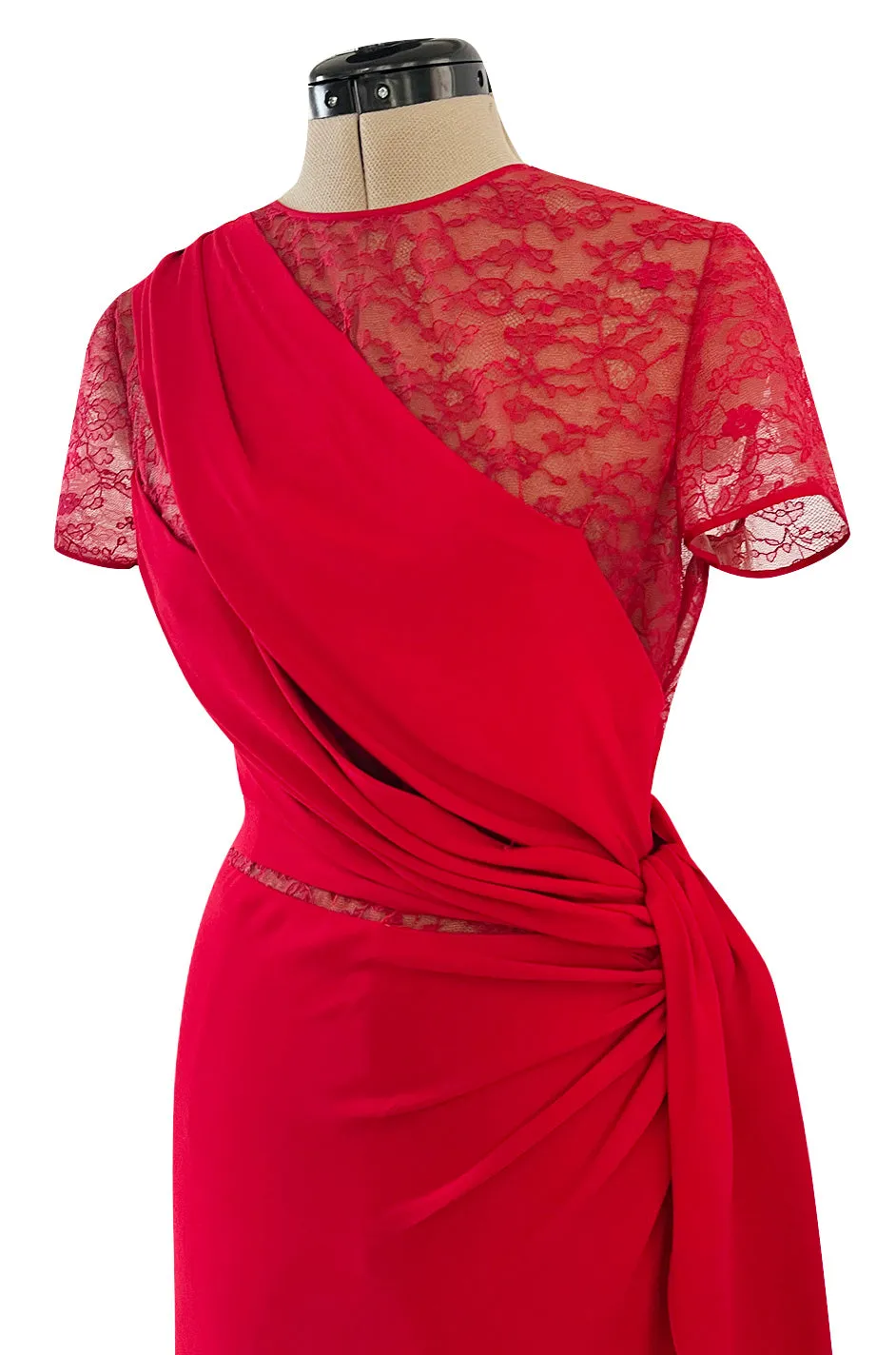 Stunning 2010s Valentino Supermodel Long Red Silk Crepe Dress w Illusion Lace Bodice