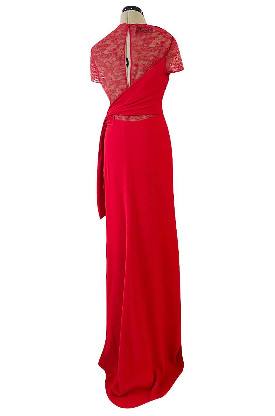Stunning 2010s Valentino Supermodel Long Red Silk Crepe Dress w Illusion Lace Bodice