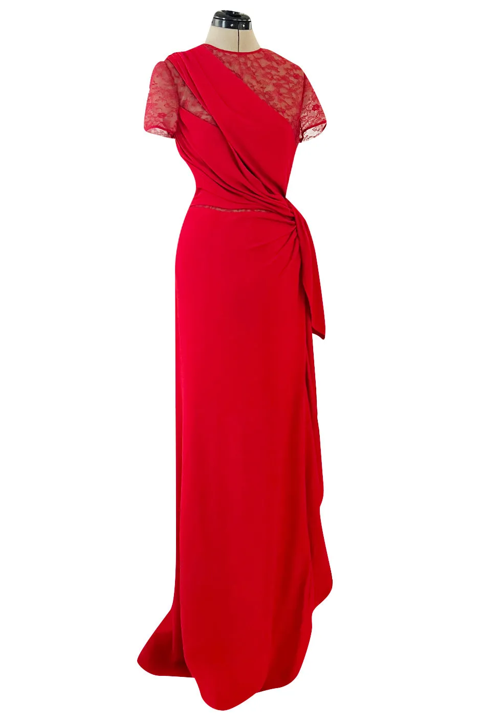 Stunning 2010s Valentino Supermodel Long Red Silk Crepe Dress w Illusion Lace Bodice