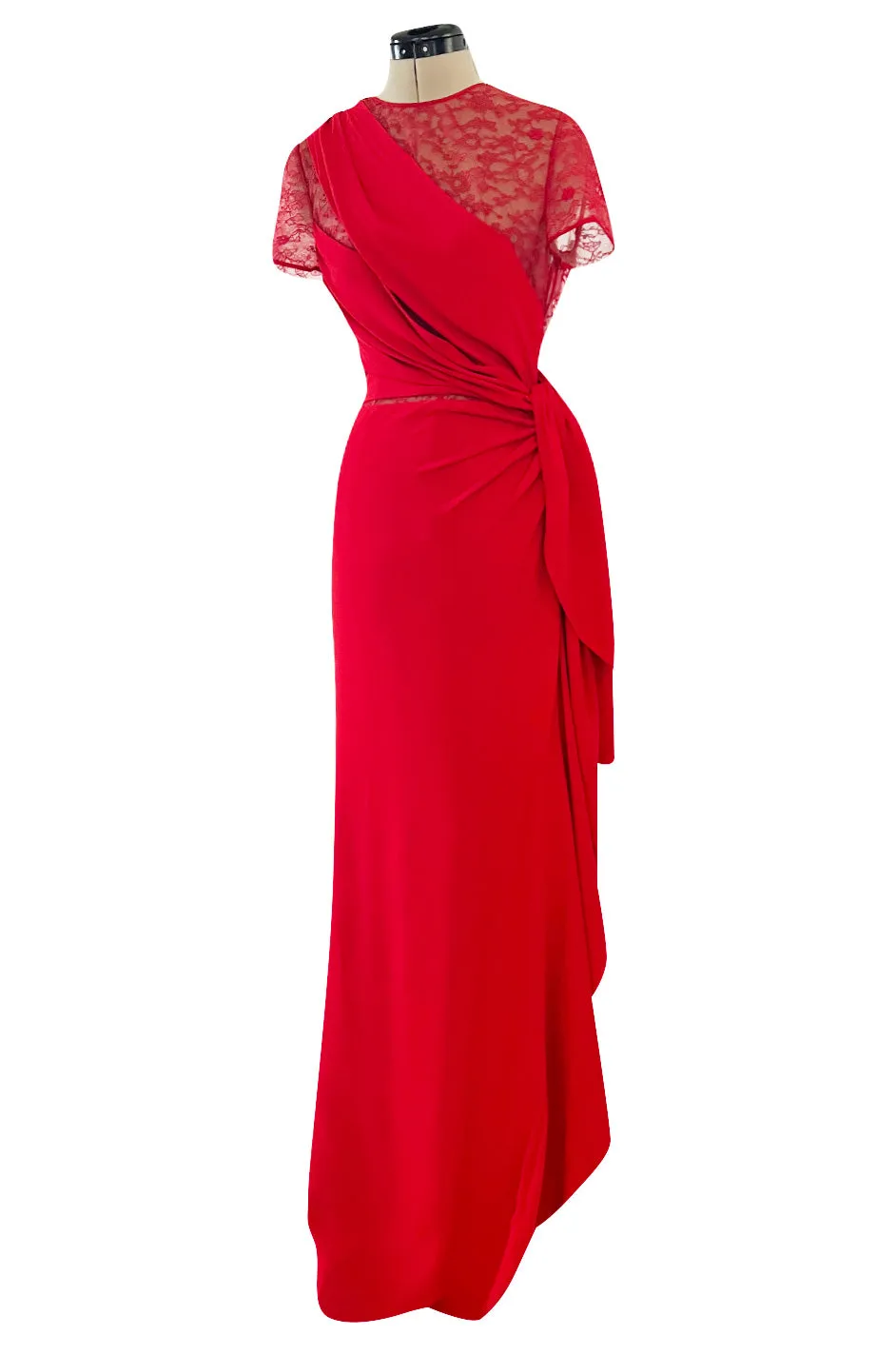 Stunning 2010s Valentino Supermodel Long Red Silk Crepe Dress w Illusion Lace Bodice
