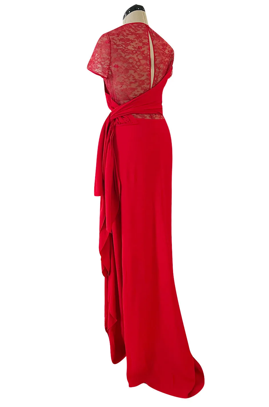 Stunning 2010s Valentino Supermodel Long Red Silk Crepe Dress w Illusion Lace Bodice