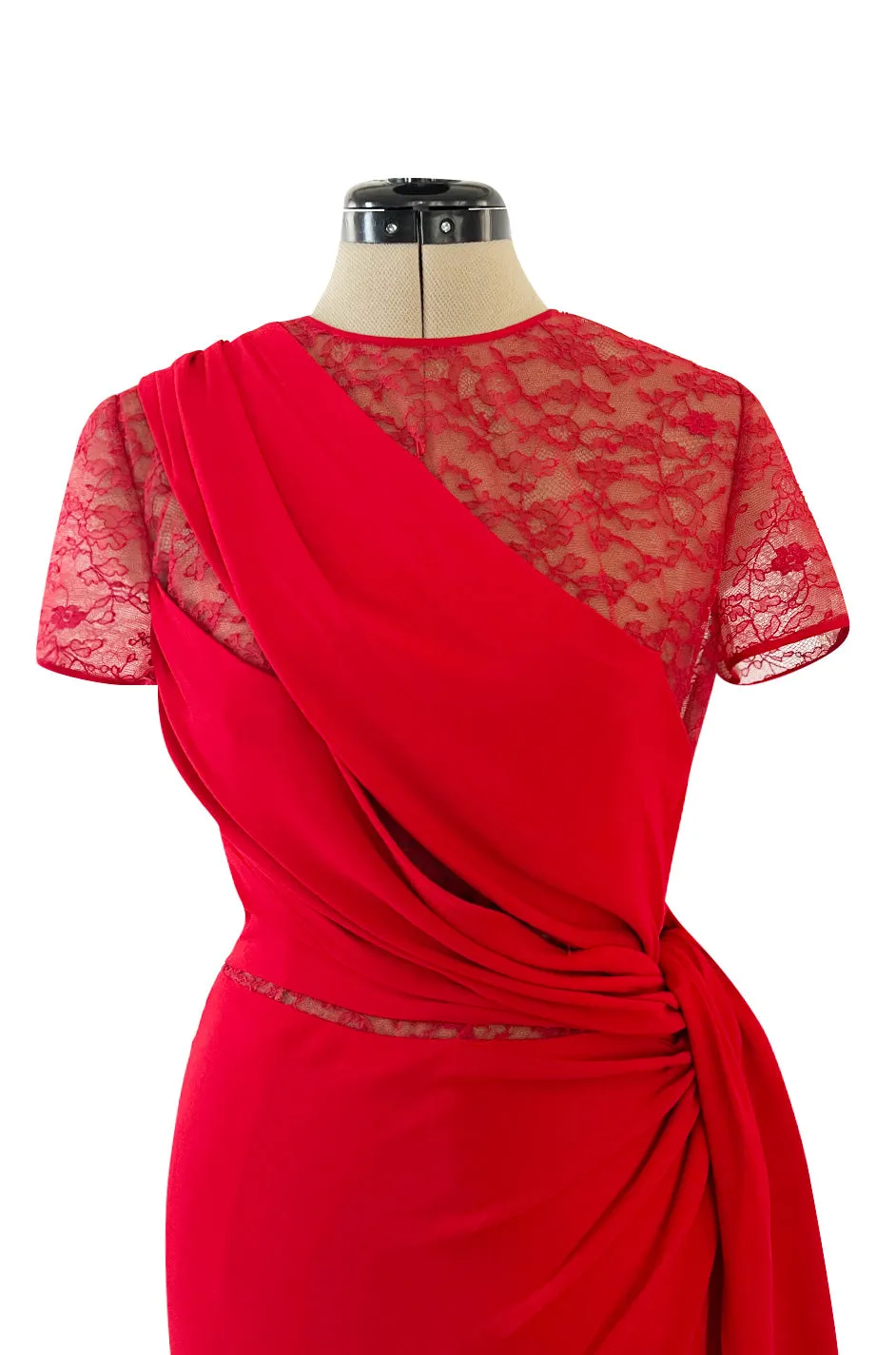 Stunning 2010s Valentino Supermodel Long Red Silk Crepe Dress w Illusion Lace Bodice