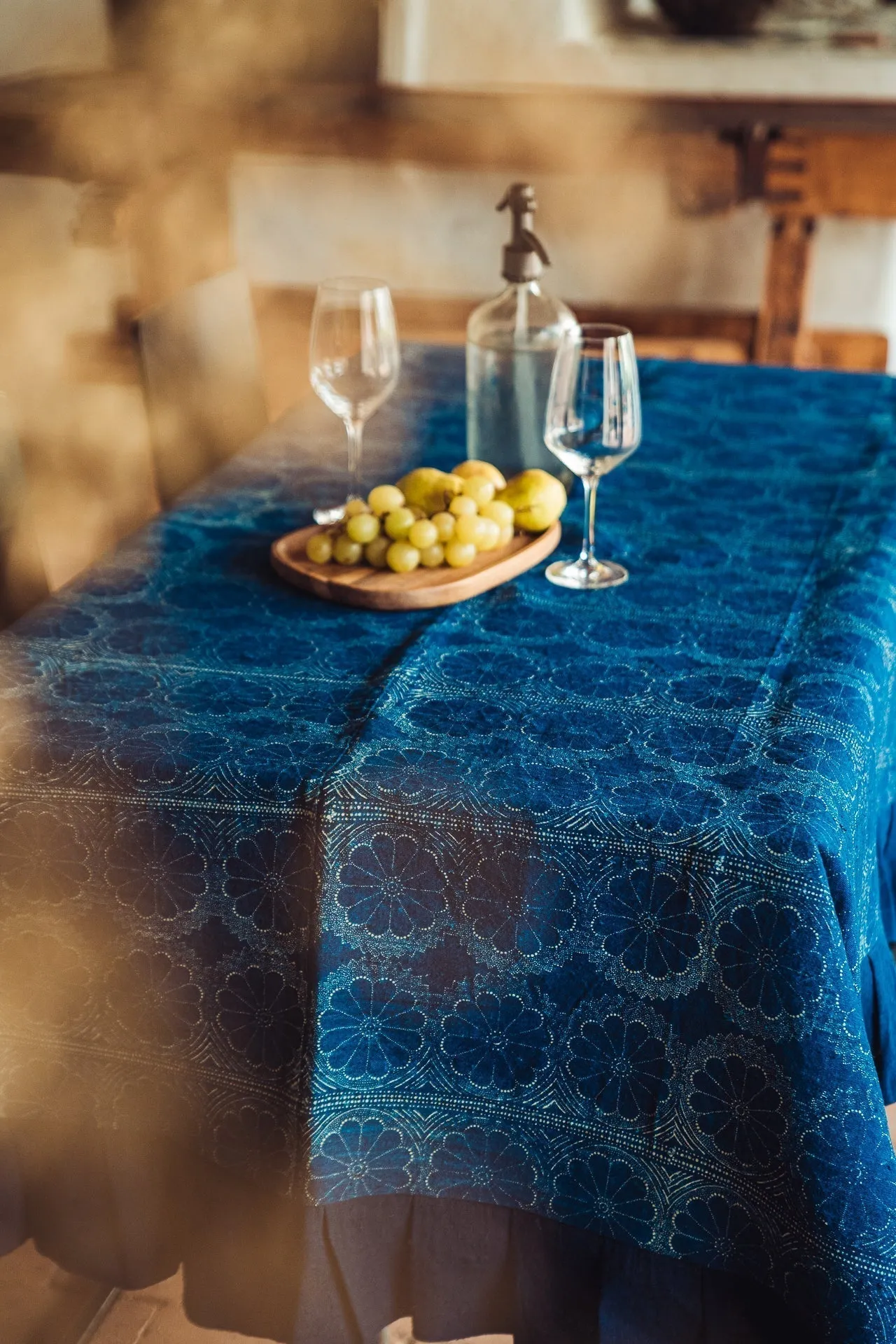 Table Cloth: Antique handwoven Hungarian hemp, indigo dyed using heritage wax resist and printing - TW116