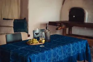 Table Cloth: Antique handwoven Hungarian hemp, indigo dyed using heritage wax resist and printing - TW116