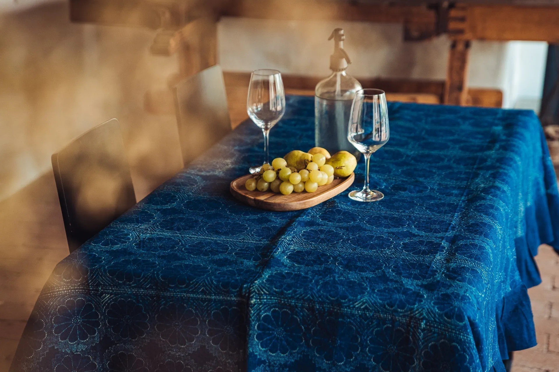 Table Cloth: Antique handwoven Hungarian hemp, indigo dyed using heritage wax resist and printing - TW116