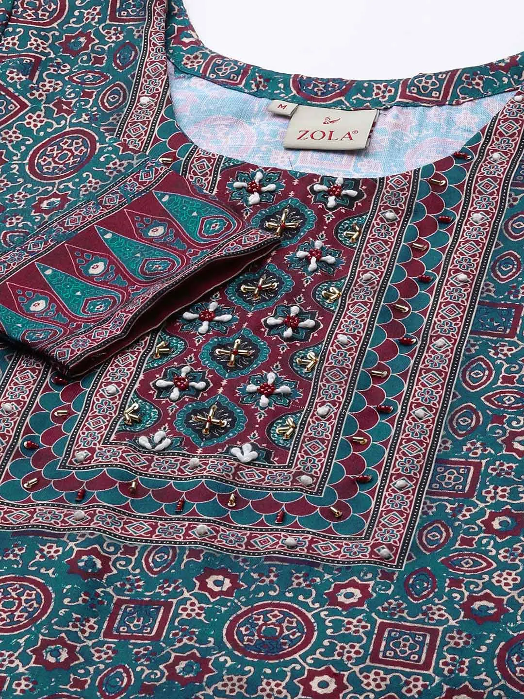 Teal Kurta Women- Women Round Neck Linen Comfort Fit Kurta - Zola