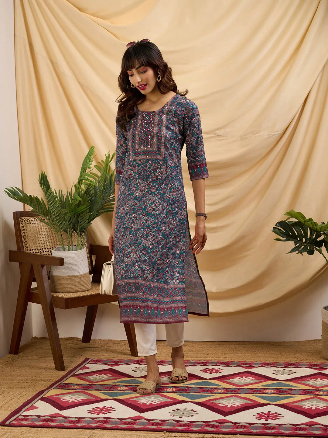 Teal Kurta Women- Women Round Neck Linen Comfort Fit Kurta - Zola
