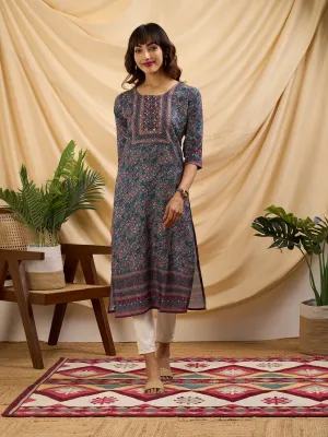 Teal Kurta Women- Women Round Neck Linen Comfort Fit Kurta - Zola