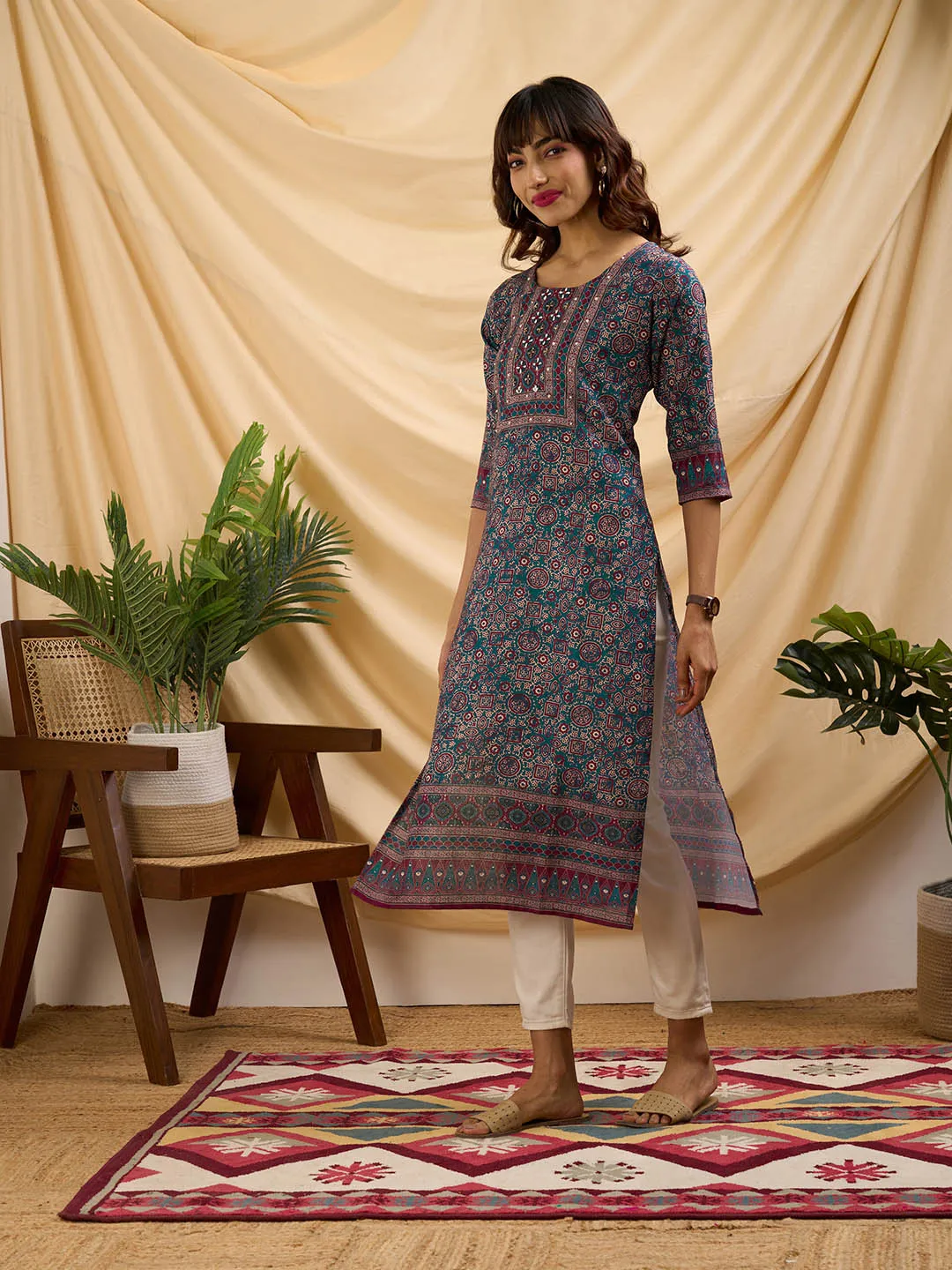 Teal Kurta Women- Women Round Neck Linen Comfort Fit Kurta - Zola