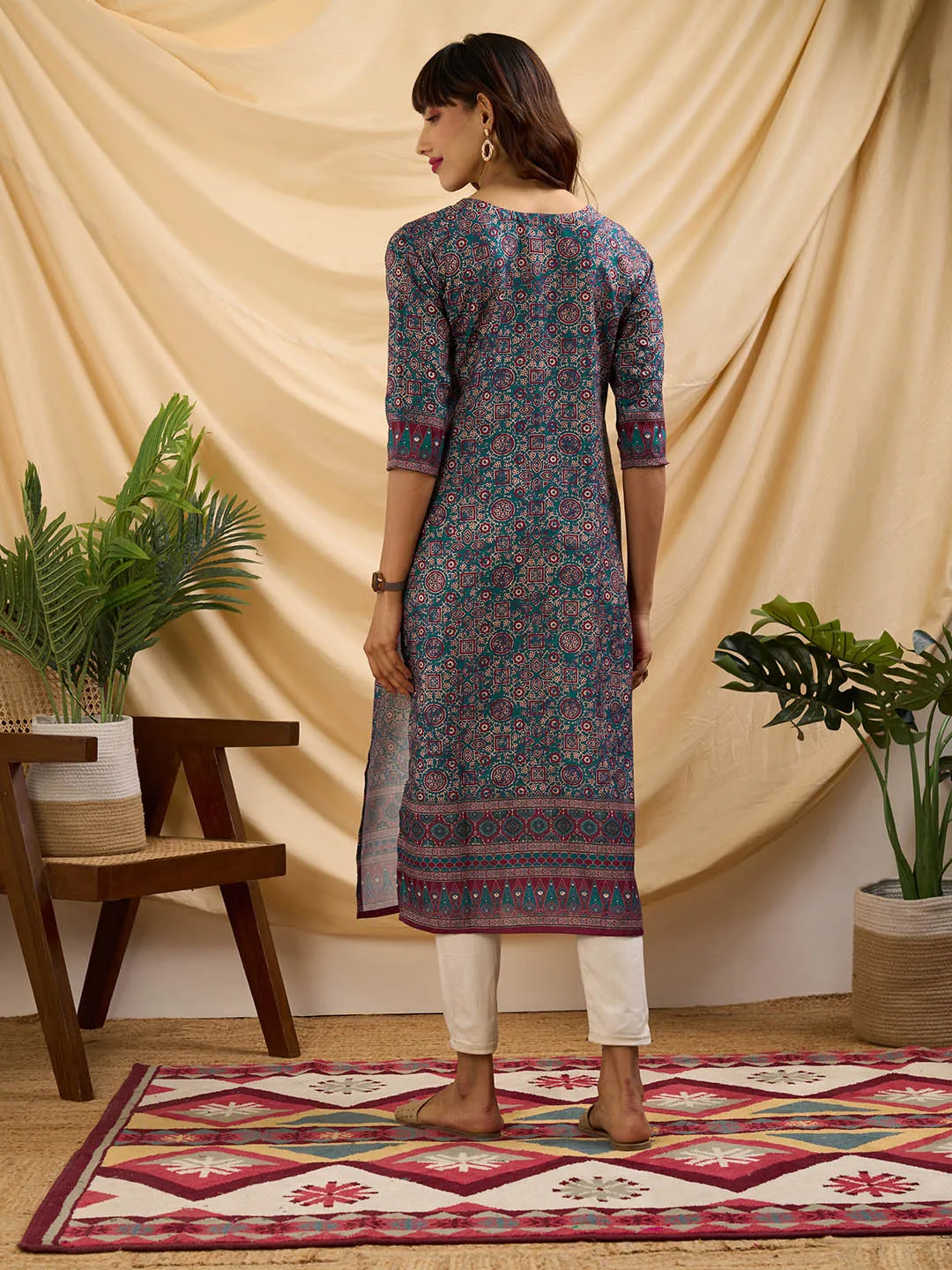 Teal Kurta Women- Women Round Neck Linen Comfort Fit Kurta - Zola