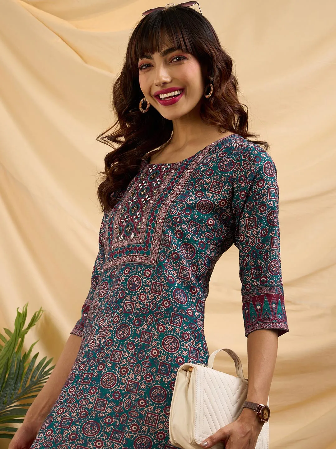 Teal Kurta Women- Women Round Neck Linen Comfort Fit Kurta - Zola