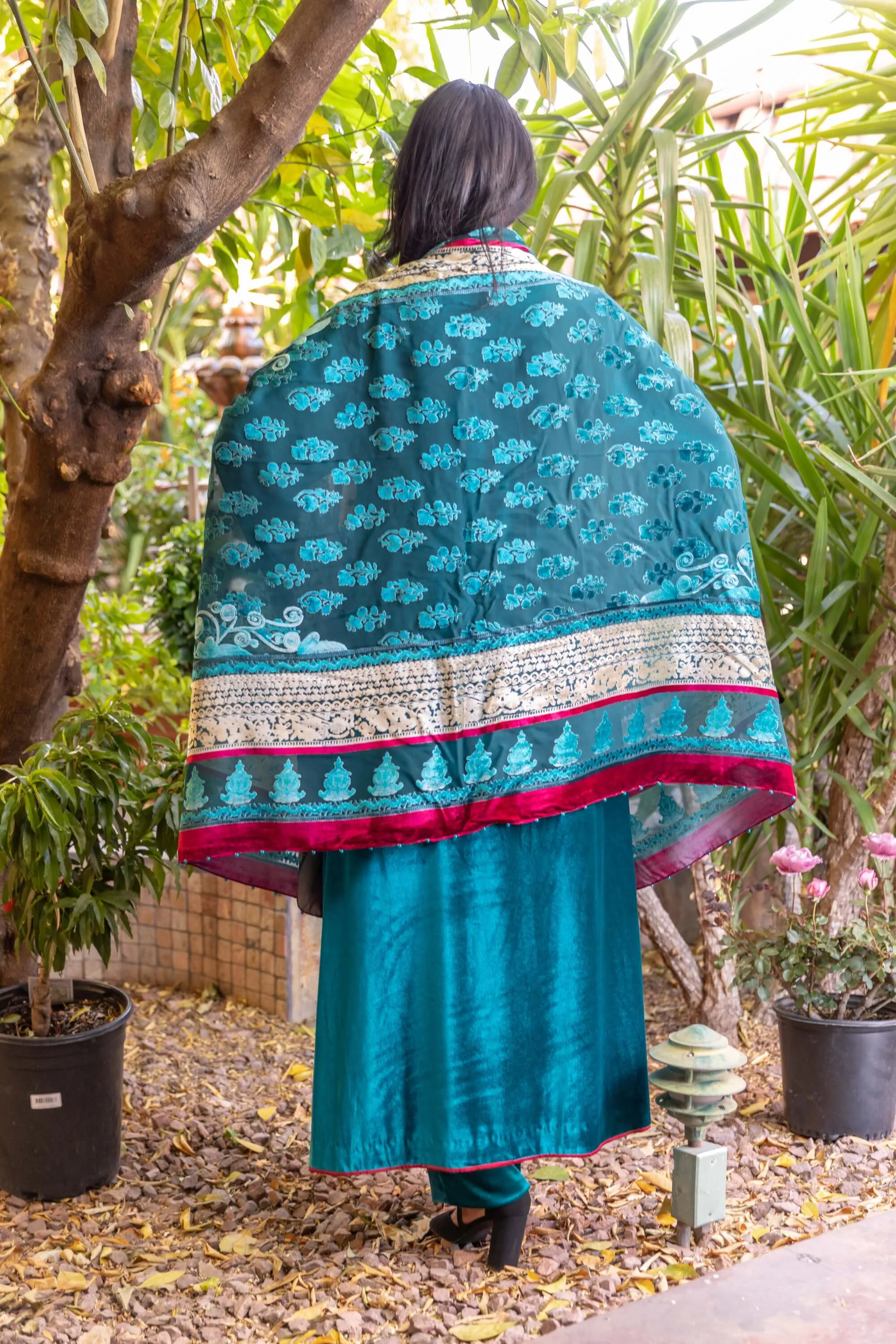 Teel Blue Velvet by Khaadi with Golden Embroidery