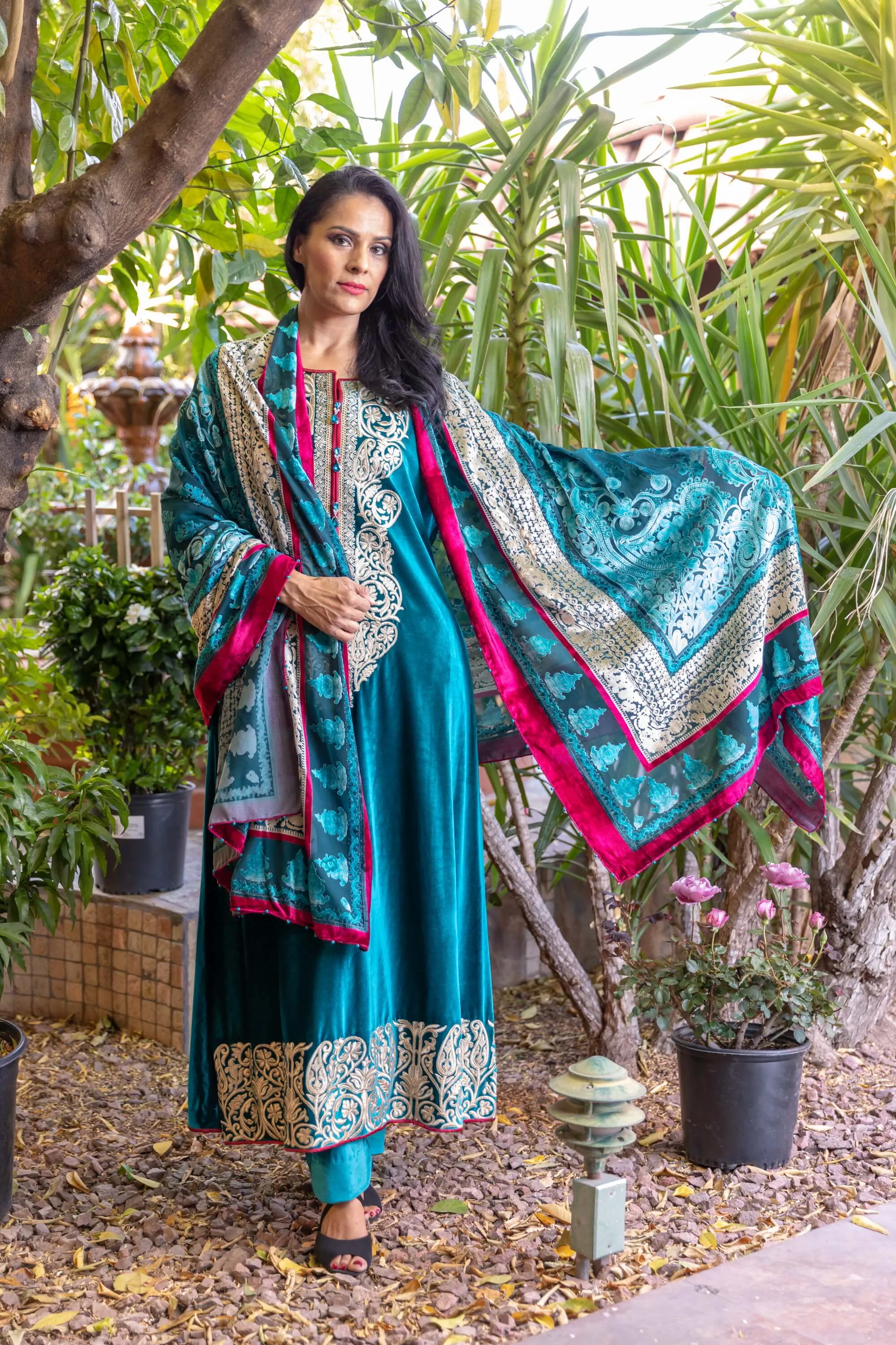 Teel Blue Velvet by Khaadi with Golden Embroidery