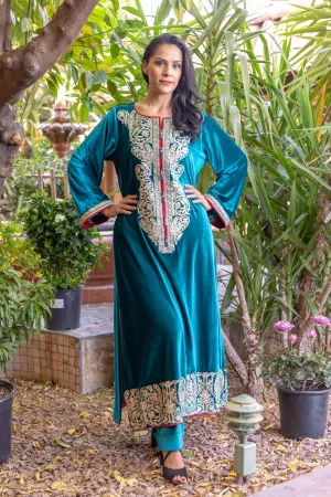 Teel Blue Velvet by Khaadi with Golden Embroidery