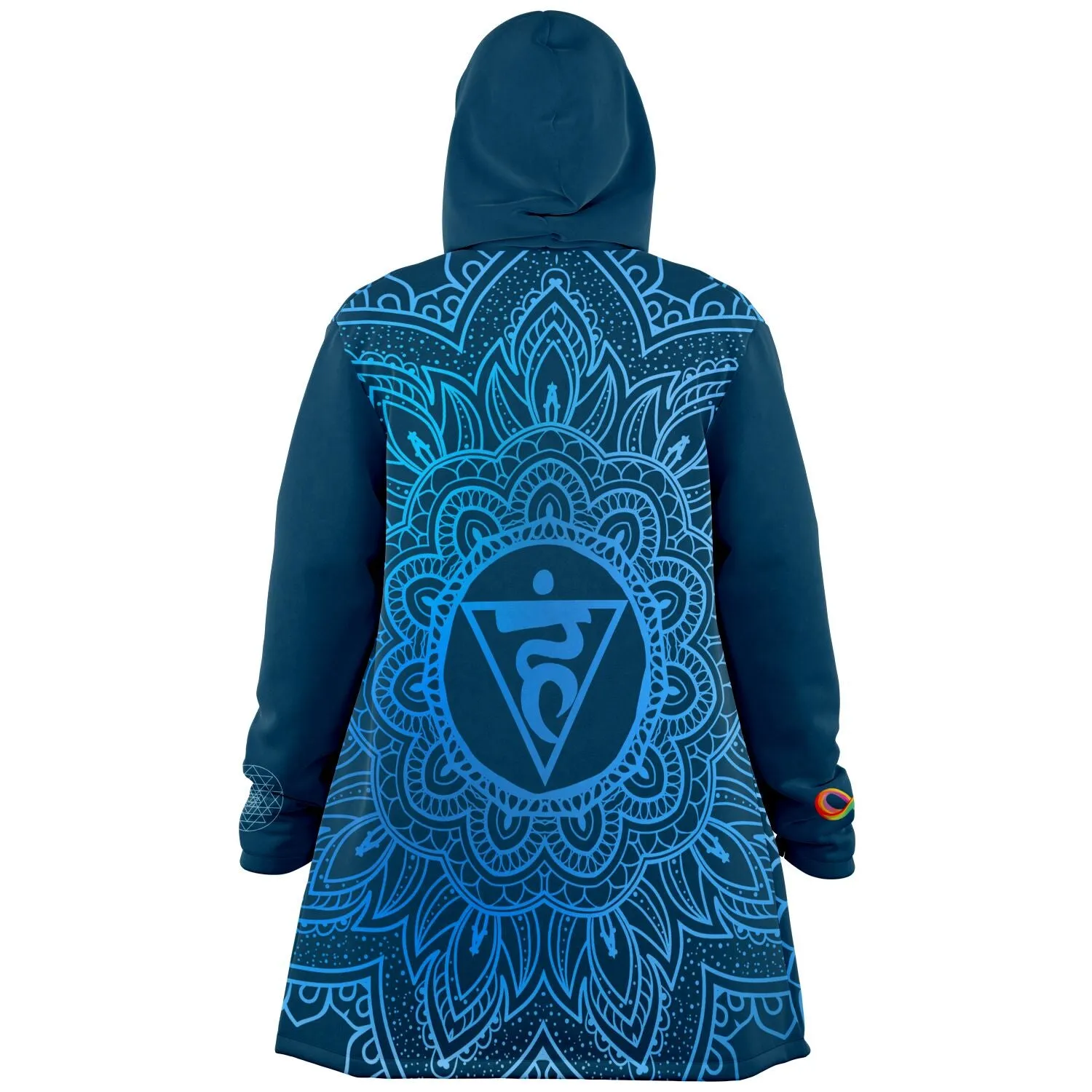 Throat Chakra Mandala Unisex Microfleece Cloak with Hood Cerulean Blue Infinity Sri Yantra Design