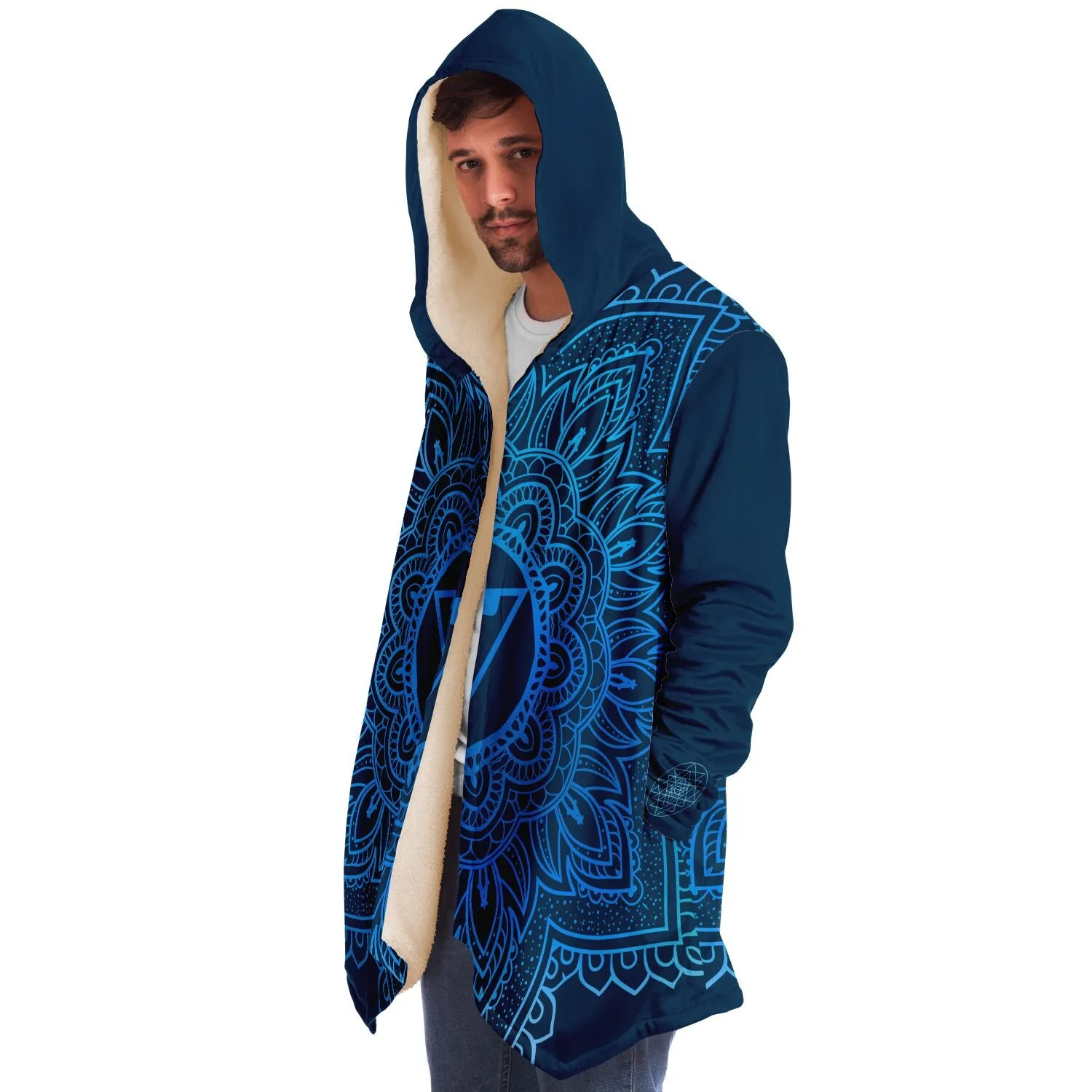 Throat Chakra Mandala Unisex Microfleece Cloak with Hood Cerulean Blue Infinity Sri Yantra Design