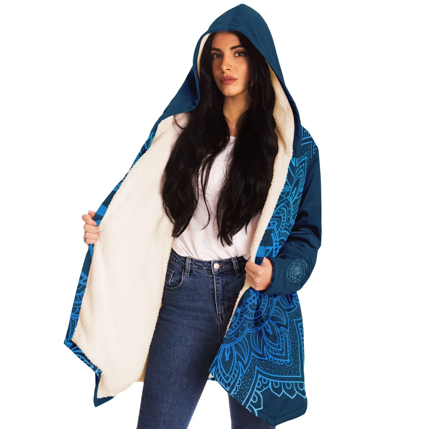 Throat Chakra Mandala Unisex Microfleece Cloak with Hood Cerulean Blue Infinity Sri Yantra Design