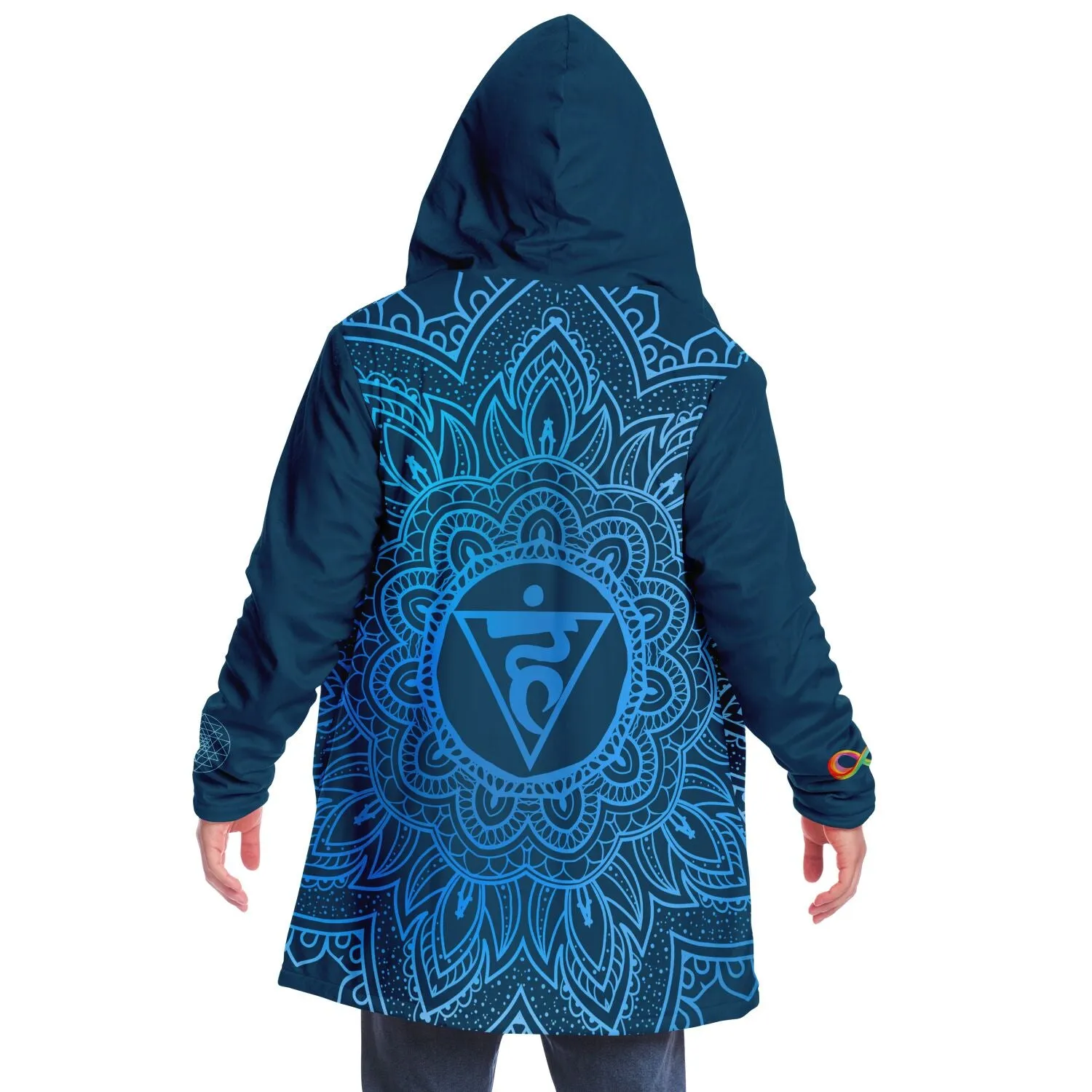 Throat Chakra Mandala Unisex Microfleece Cloak with Hood Cerulean Blue Infinity Sri Yantra Design