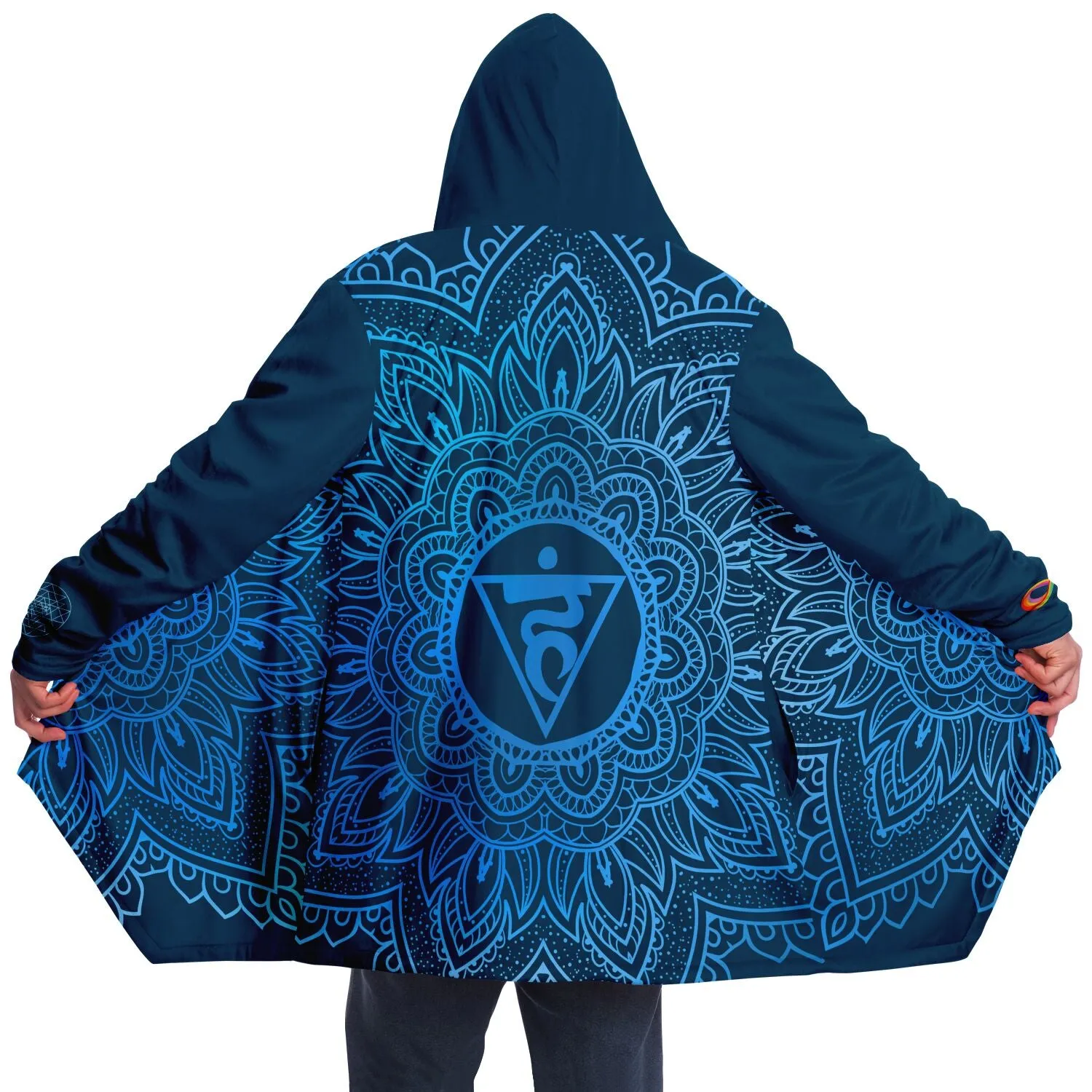Throat Chakra Mandala Unisex Microfleece Cloak with Hood Cerulean Blue Infinity Sri Yantra Design