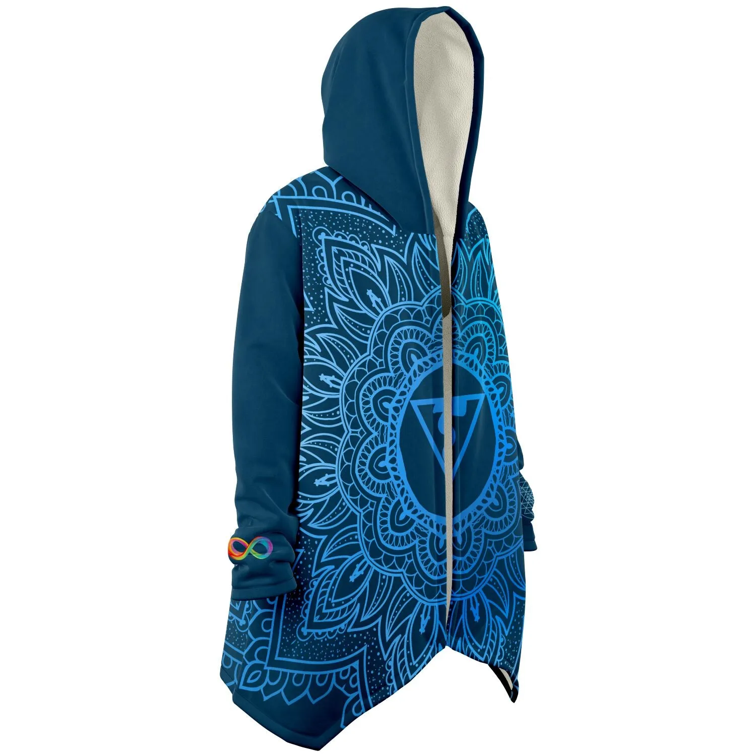 Throat Chakra Mandala Unisex Microfleece Cloak with Hood Cerulean Blue Infinity Sri Yantra Design
