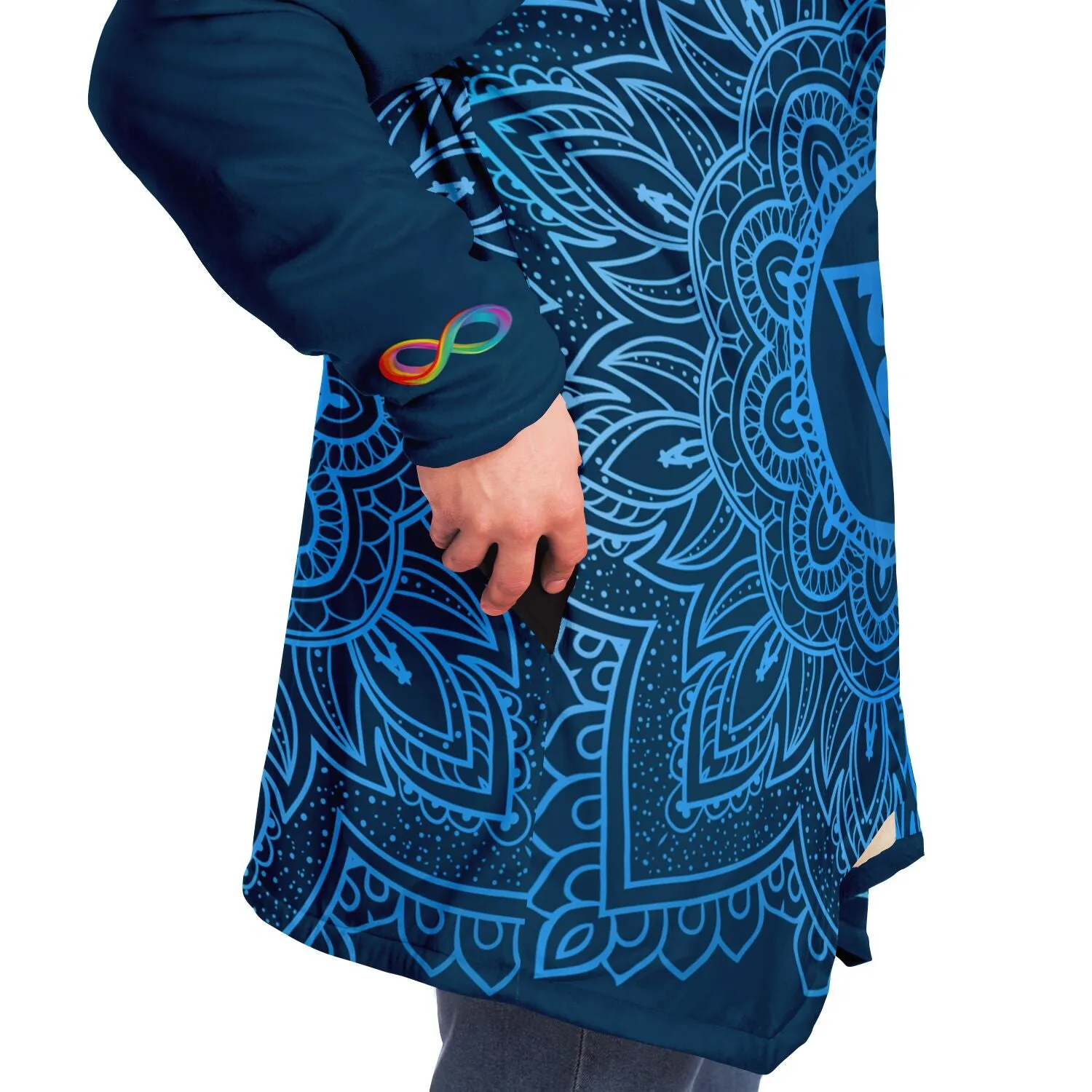 Throat Chakra Mandala Unisex Microfleece Cloak with Hood Cerulean Blue Infinity Sri Yantra Design