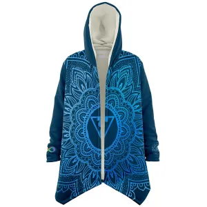 Throat Chakra Mandala Unisex Microfleece Cloak with Hood Cerulean Blue Infinity Sri Yantra Design