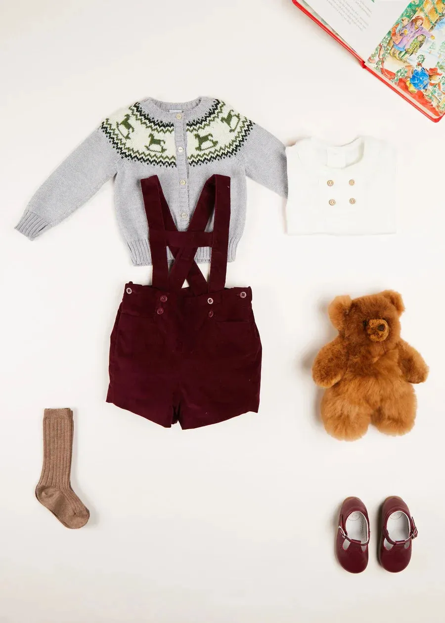 Velvet Button Detail Shorts with Braces in Burgundy (18mths-4yrs)
