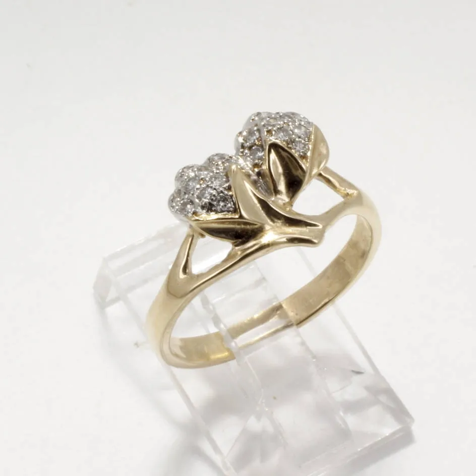 Womans Diamond Cotton Ring with Two Bolls in Yellow Gold