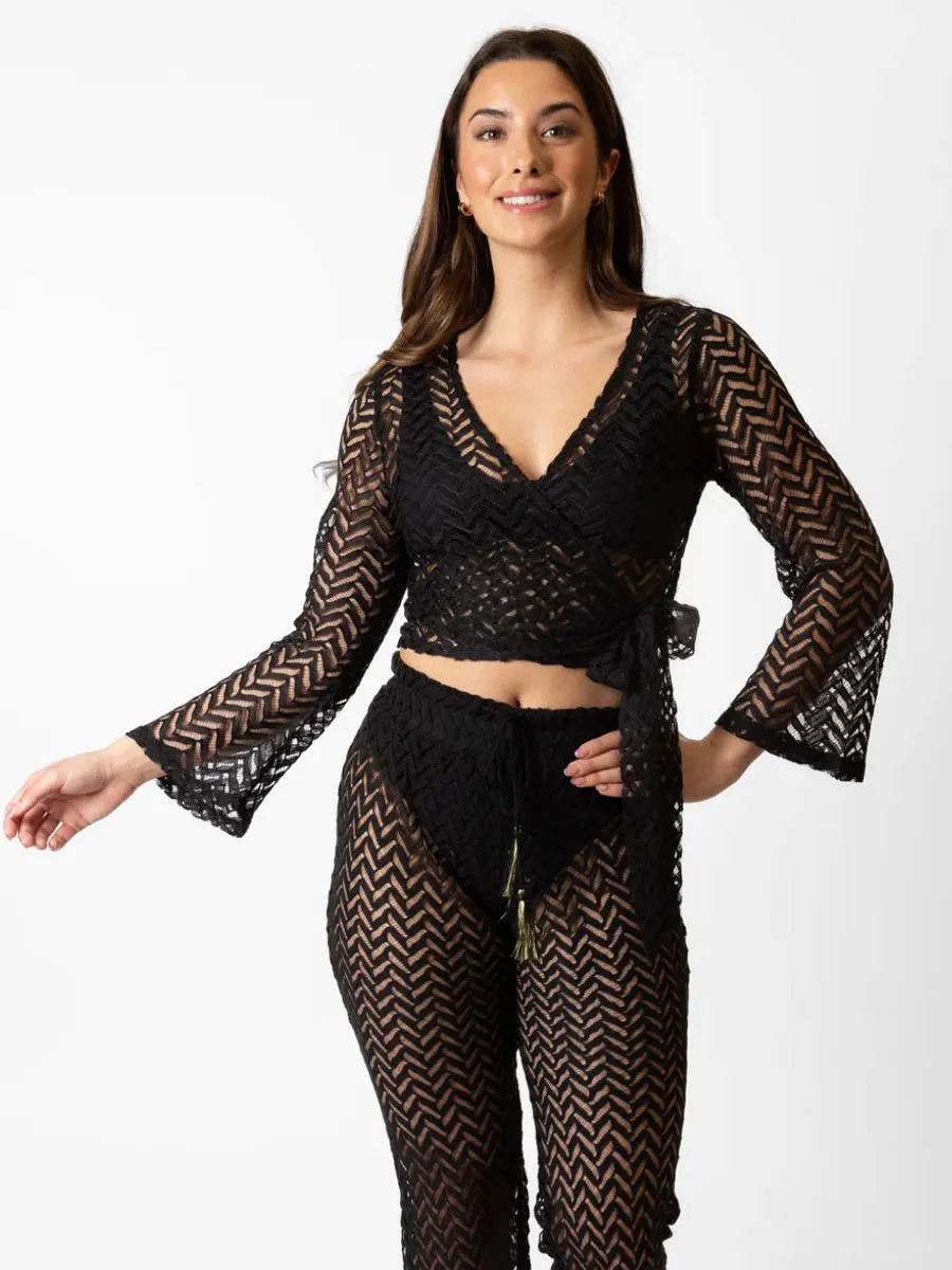 Zuma Crochet Long Sleeve Wrap Top In Black