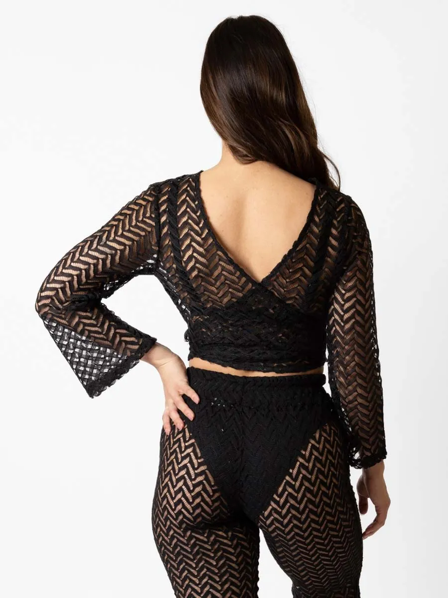 Zuma Crochet Long Sleeve Wrap Top In Black