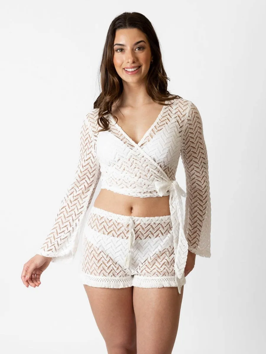 Zuma Crochet Long Sleeve Wrap Top in White