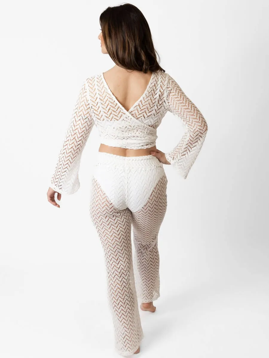 Zuma Crochet Long Sleeve Wrap Top in White