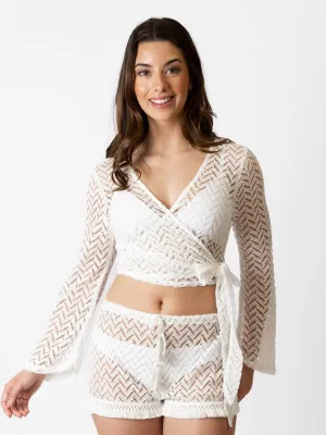 Zuma Crochet Long Sleeve Wrap Top in White